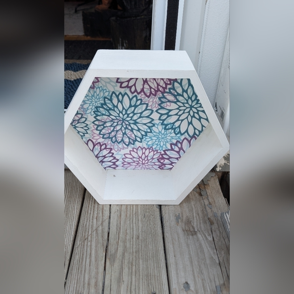 Handmade Blue And Purple Flowers Hexagon Wall Decor (EUC)